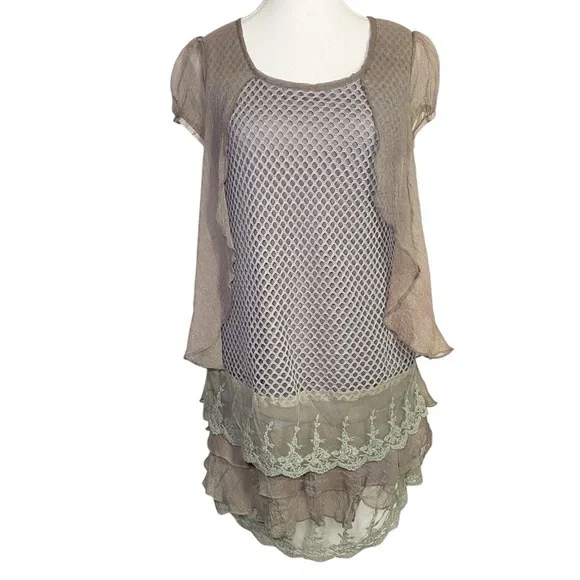 Simply Couture Brown and Green Layered Mini Dress - Picture 1 of 12